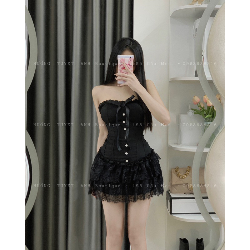 Set áo cúp ngực bèo đan dây lưng chân váy ren tầng