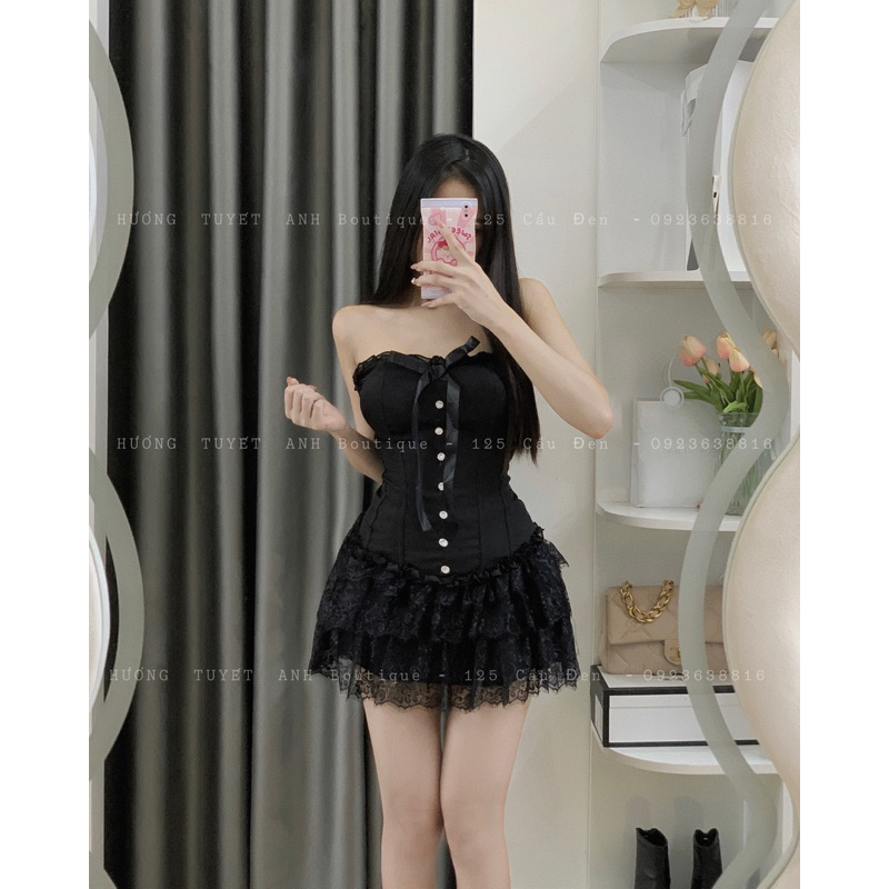 Set áo cúp ngực bèo đan dây lưng chân váy ren tầng