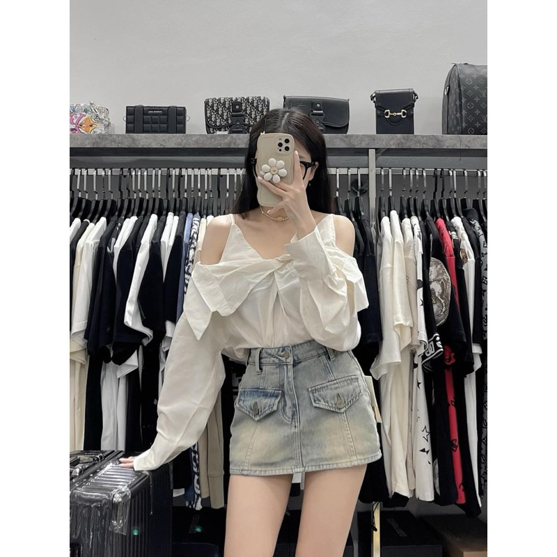 Chân váy jeans ngắn nắp túi hàng QCL1