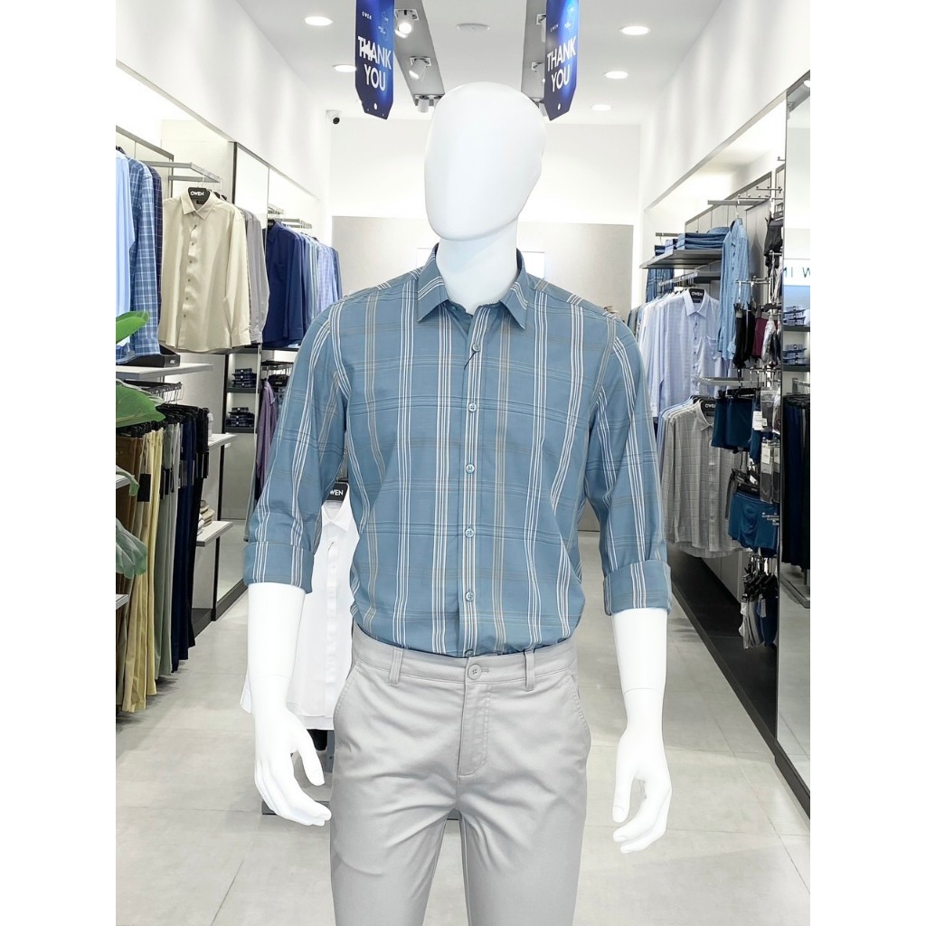 OWEN - Áo sơ mi dài tay Owen Regularit kẻ ca rô xanh chất Bạc Hà 220822