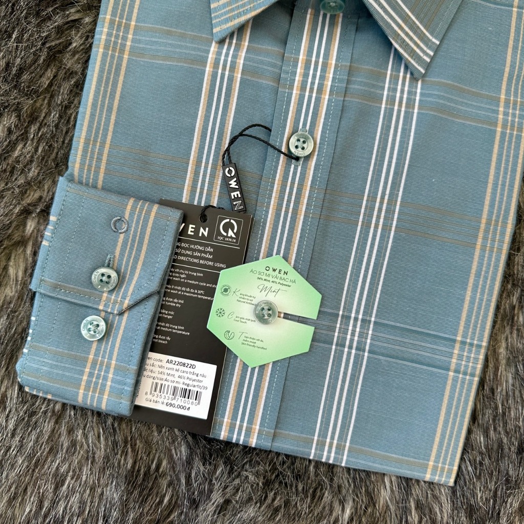 OWEN - Áo sơ mi dài tay Owen Regularit kẻ ca rô xanh chất Bạc Hà 220822