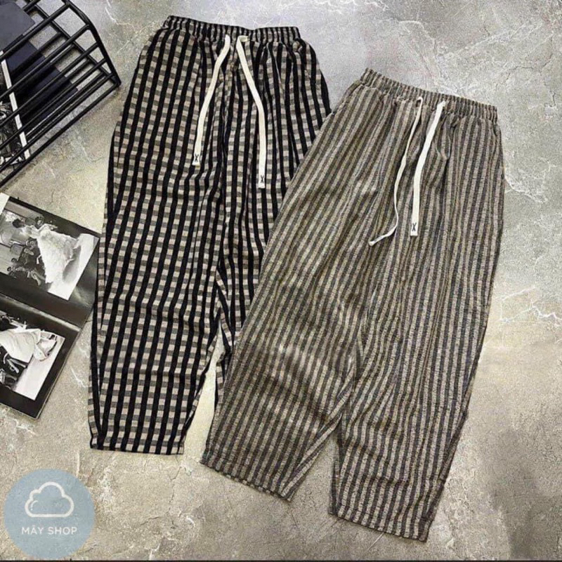 Quần baggy kẻ dạ siêu hót cạp chun phối dây rút được xem hàng