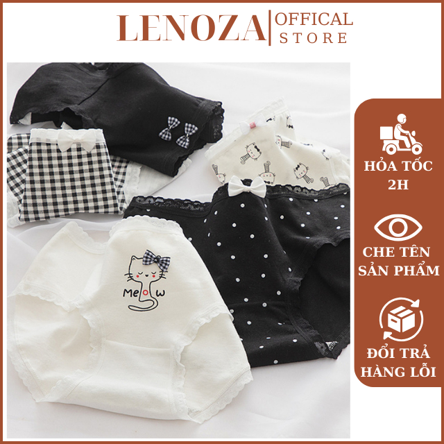 Quần Lót Nữ Cotton LENOZA Viền Ren Co Giãn, Thấm Hút Mồ Hôi, Kháng Khuẩn – Quần Chip Nữ Họa Tiết Mèo Xinh Xắn Q30