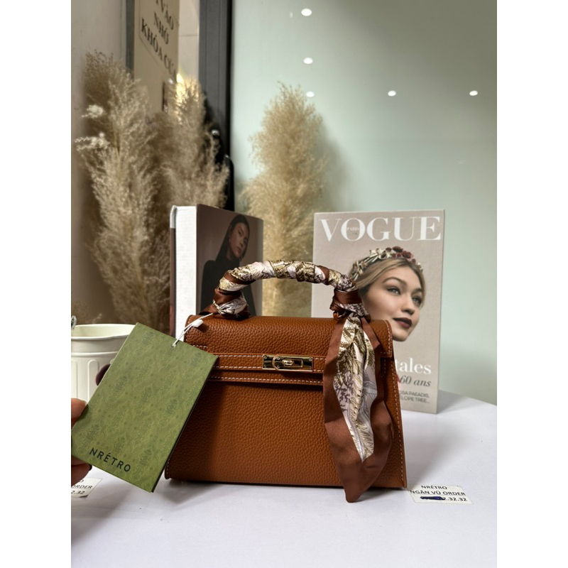 Túi Nretro MiocraKoly authentic da bò thật dáng HM birkin kèm khăn