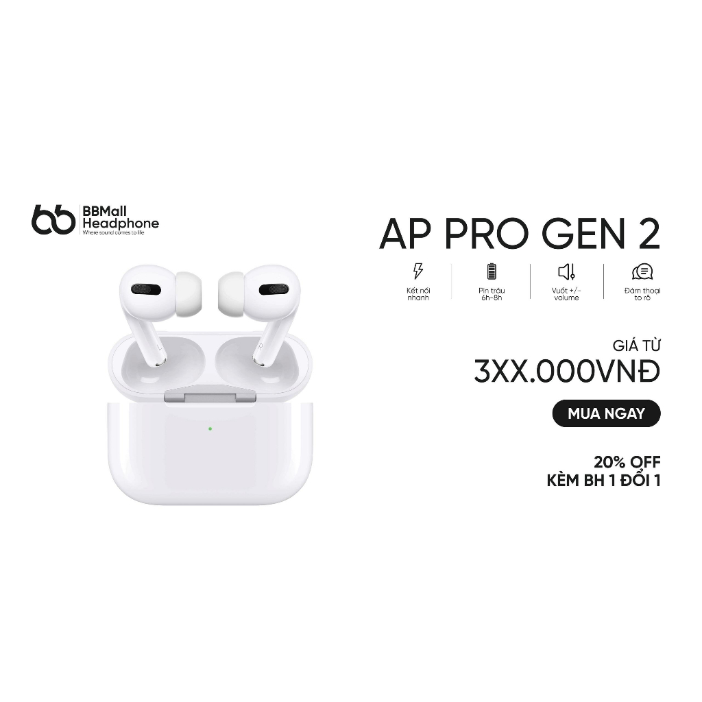 Tai nghe Bluetooth không dây Ap Pro Gen 2 - Bảo hành 1 đổi 1 - BBMall Headphone