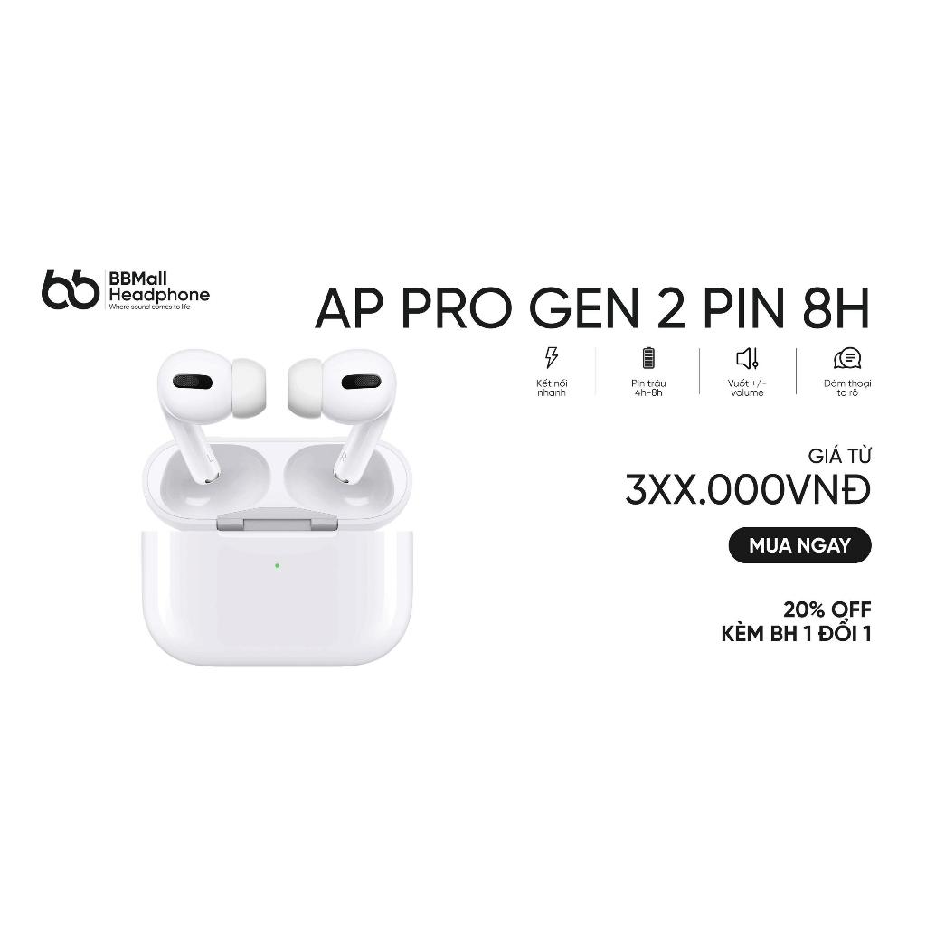 Ap Pro gen 2 Phiên Bản Pin 8h  - Bảo hành 1 đổi 1 - Tai nghe Bluetooth Cải Tiến Micro Đàm Thoại - BBMall Headphone