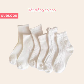 Set 5 Đôi Tất Nữ Dệt Kim Tông Trắng GUDLOOK Viền Bèo Hoạ Tiết Vân Nổi