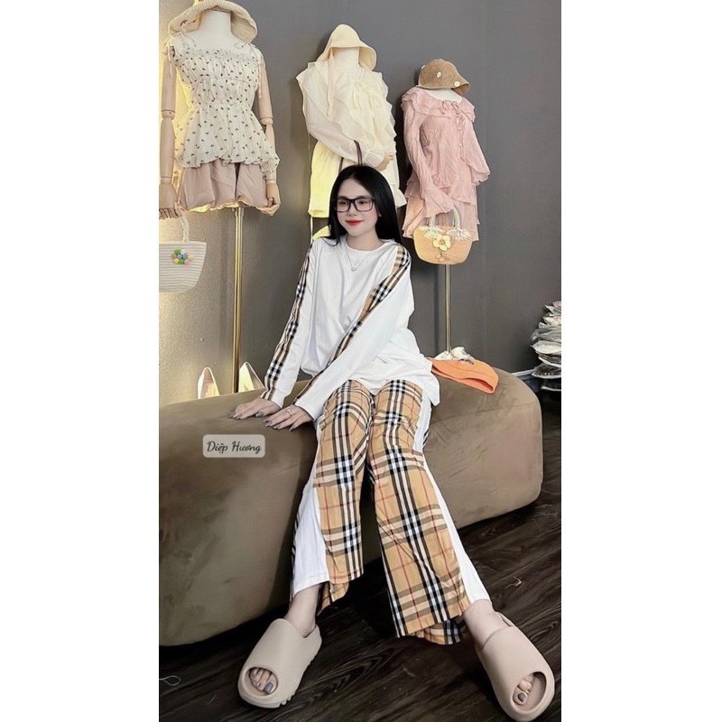 Set Bộ BBR Nữ Cotton Tàu Mix Quần Kẻ Thô Cạp Chun Hit Hot