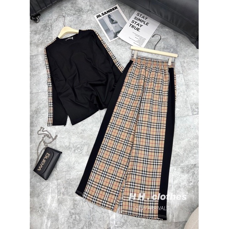 Set Bộ BBR Nữ Cotton Tàu Mix Quần Kẻ Thô Cạp Chun Hit Hot