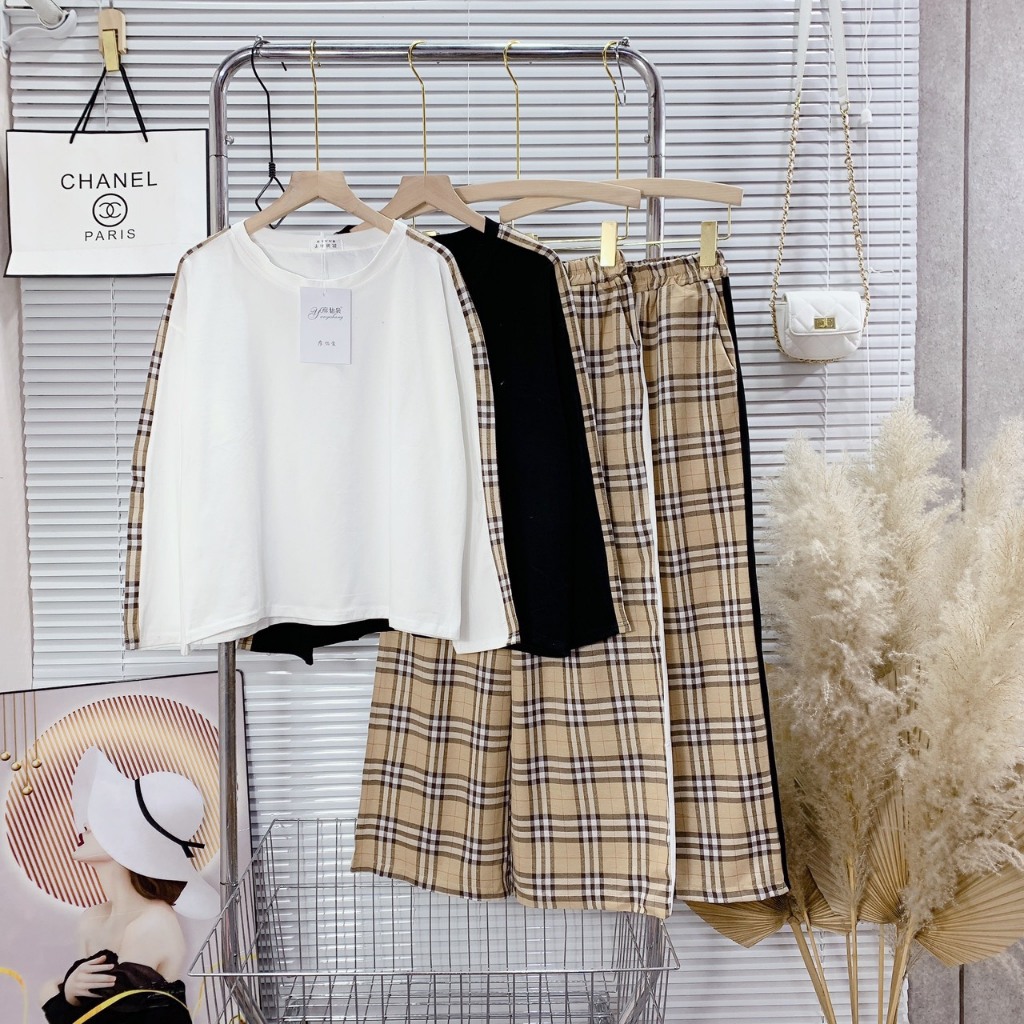 Set Bộ BBR Nữ Cotton Tàu Mix Quần Kẻ Thô Cạp Chun Hit Hot