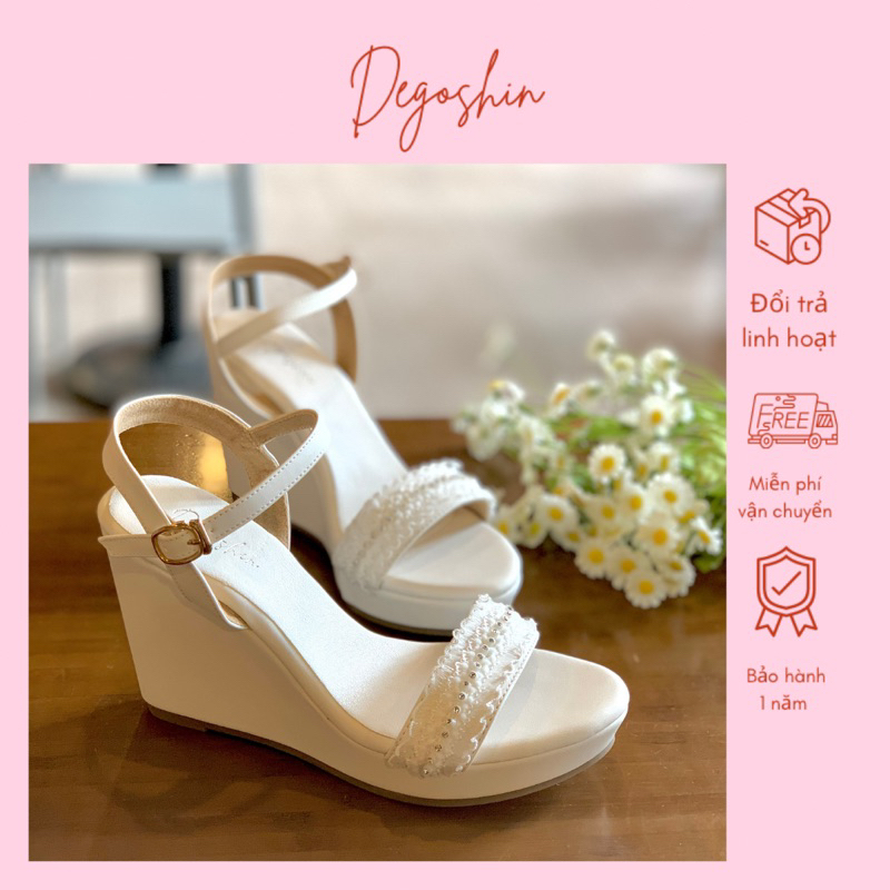 Giày sandal nữ, giày cưới đế xuồng 10cm Degoshin - tôn dáng, nhẹ êm và chắc chân đính voan cườm sang trọng