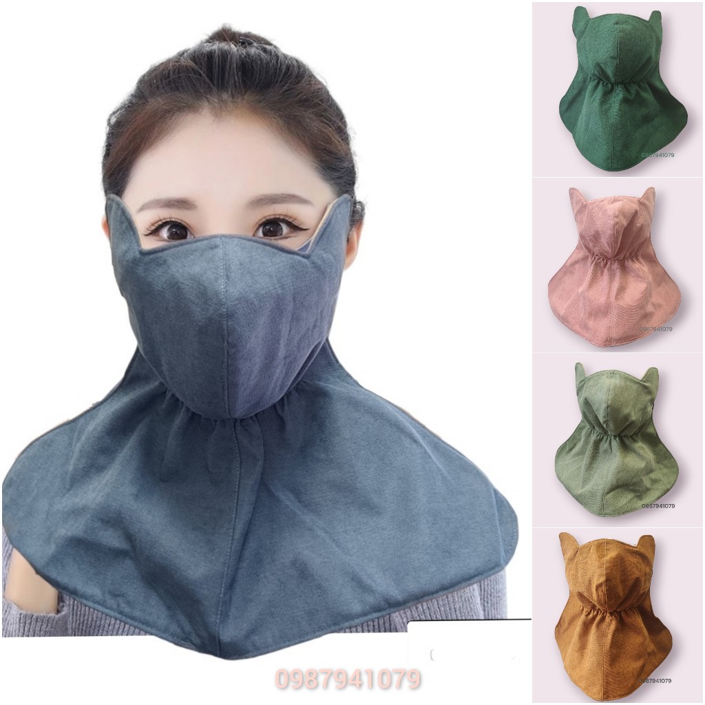 Khẩu trang chống nắng dạng yếm có tai vải nhung tăm 3 lớp màu trơn cao cấp, Khẩu trang chống tia UV toàn diện