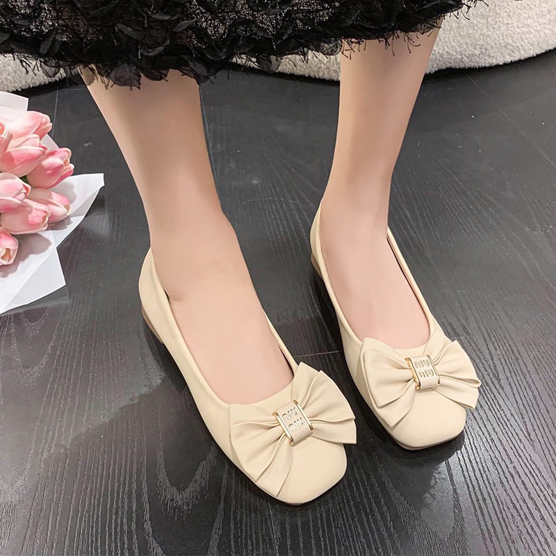 Giày búp bê da lì cao cấp gót 3p phối nơ voan bánh bèo siêu xinh êm mềm dễ đi