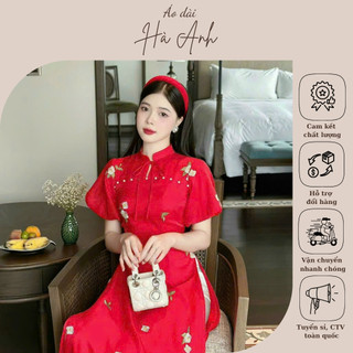 Áo dài cách tân 4 tà tay bồng thêu hoa nhí