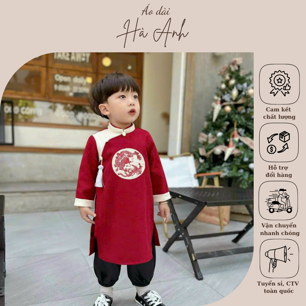 Áo dài bé trai thêu long phụng kèm khánh chất nhung chéo cực đẹp
