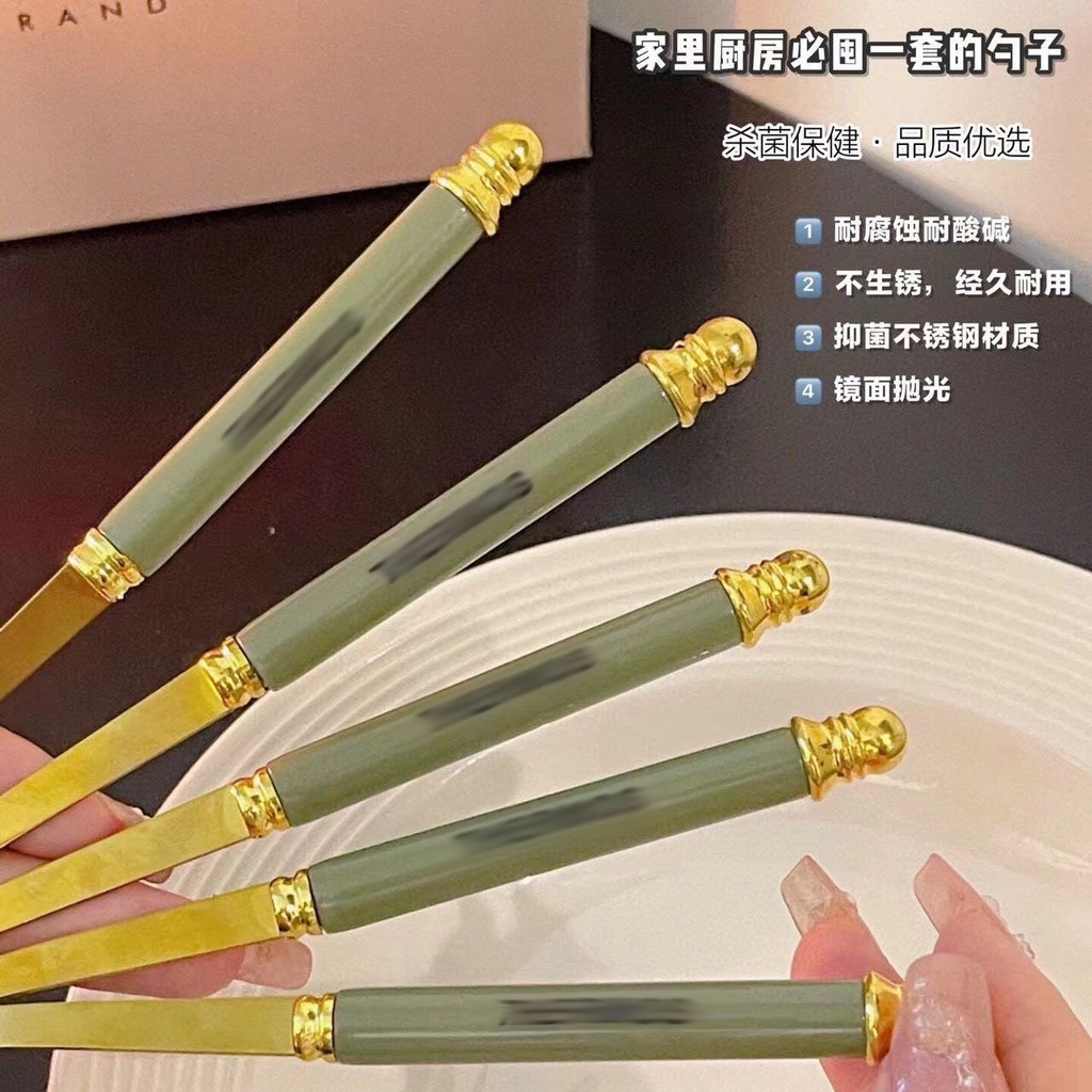 Hộp 5 thìa mạ vàng cán sứ THERMOS sang trọng cao cấp 18cm_M58