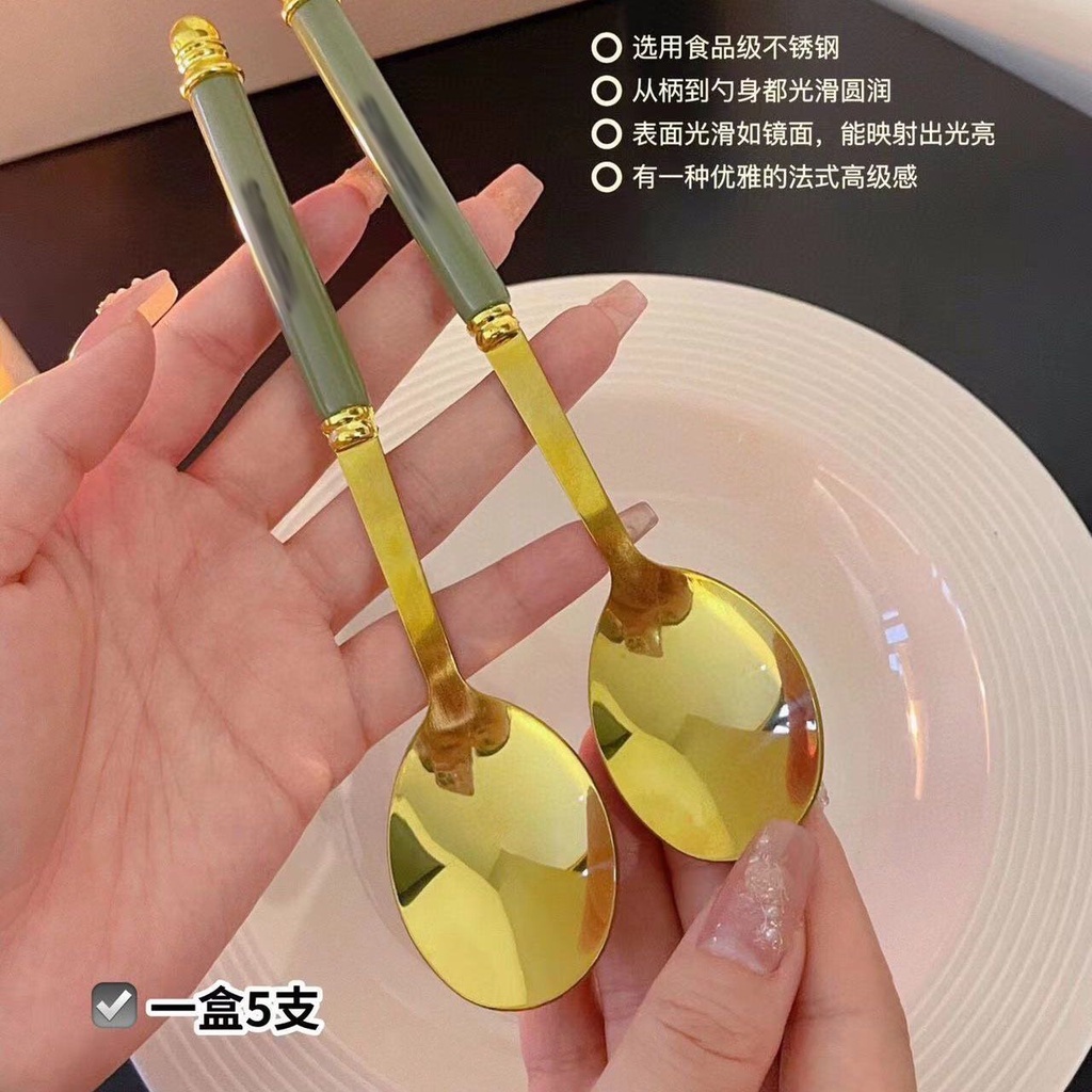 Hộp 5 thìa mạ vàng cán sứ THERMOS sang trọng cao cấp 18cm_M58