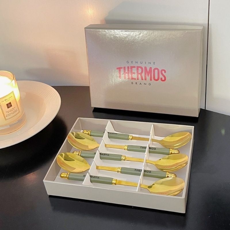 Hộp 5 thìa mạ vàng cán sứ THERMOS sang trọng cao cấp 18cm_M58
