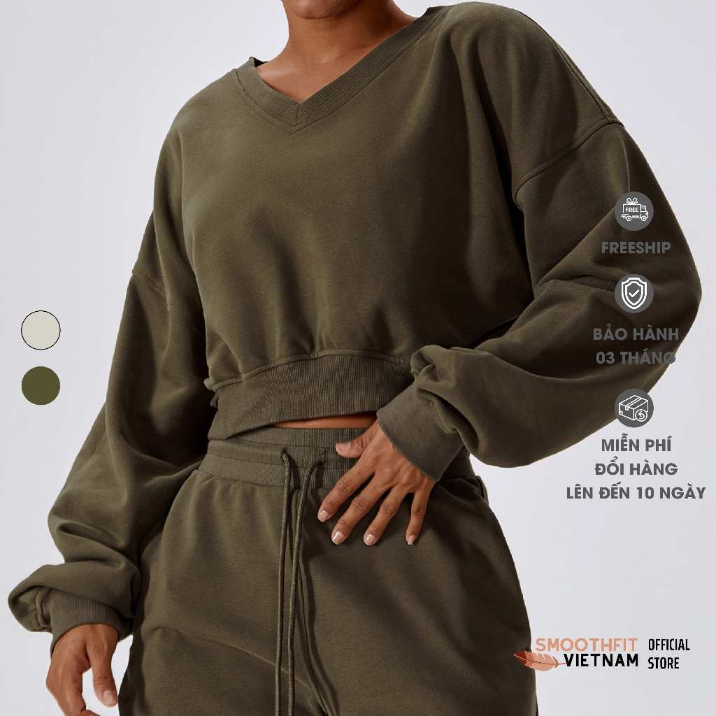 Bộ Nỉ Nữ Áo Croptop Sweater / Quần Sweatshorts - Chất Liệu Nỉ Da Cá Cao Cấp SmoothFitVN 8235 - Thời Trang Gym, Yoga