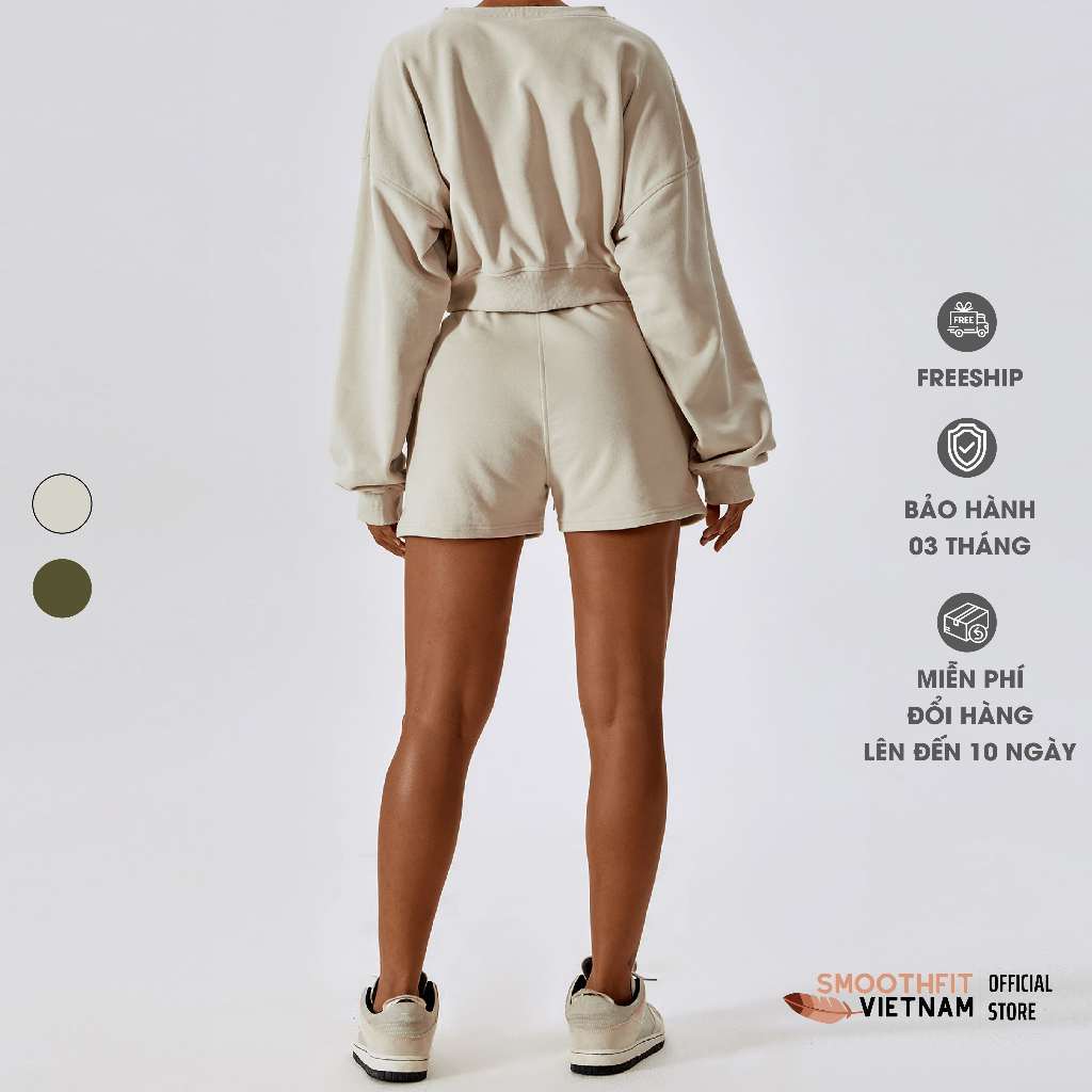 Bộ Nỉ Nữ Áo Croptop Sweater / Quần Sweatshorts - Chất Liệu Nỉ Da Cá Cao Cấp SmoothFitVN 8235 - Thời Trang Gym, Yoga