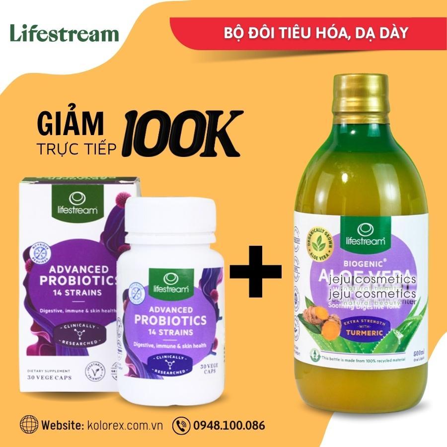 Bộ đôi bổ trợ tiêu hóa, dạ dày: Men Vi Sinh Lifestream Probiotics và Nước Nha Đam & Nghệ Biogenic