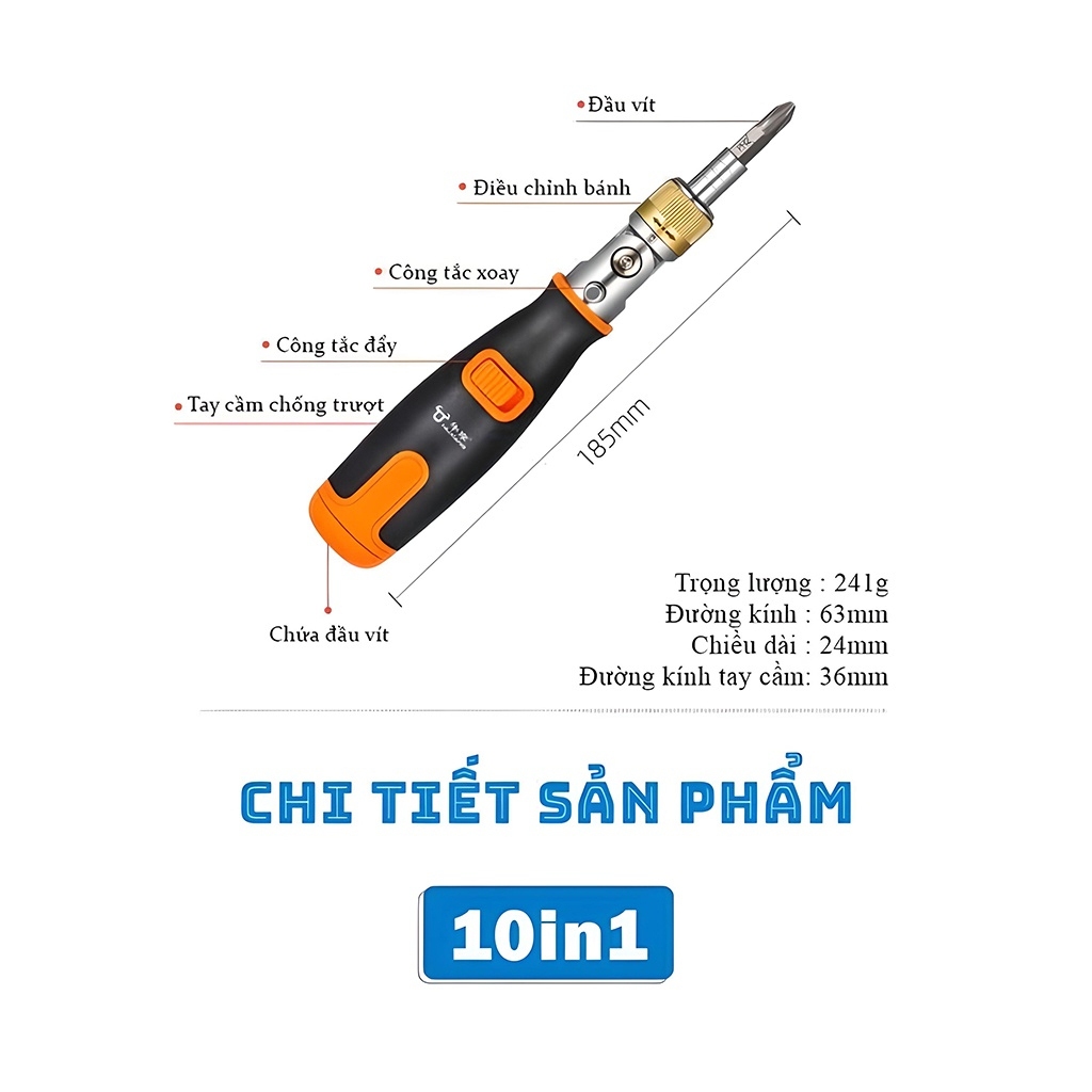 Tô Vít Một Chiều Đa Năng Nghiền Home, Tua Vít Trợ Lực Xoay 180 Độ Cùng 10 Đầu Vít Chuyên Dụng