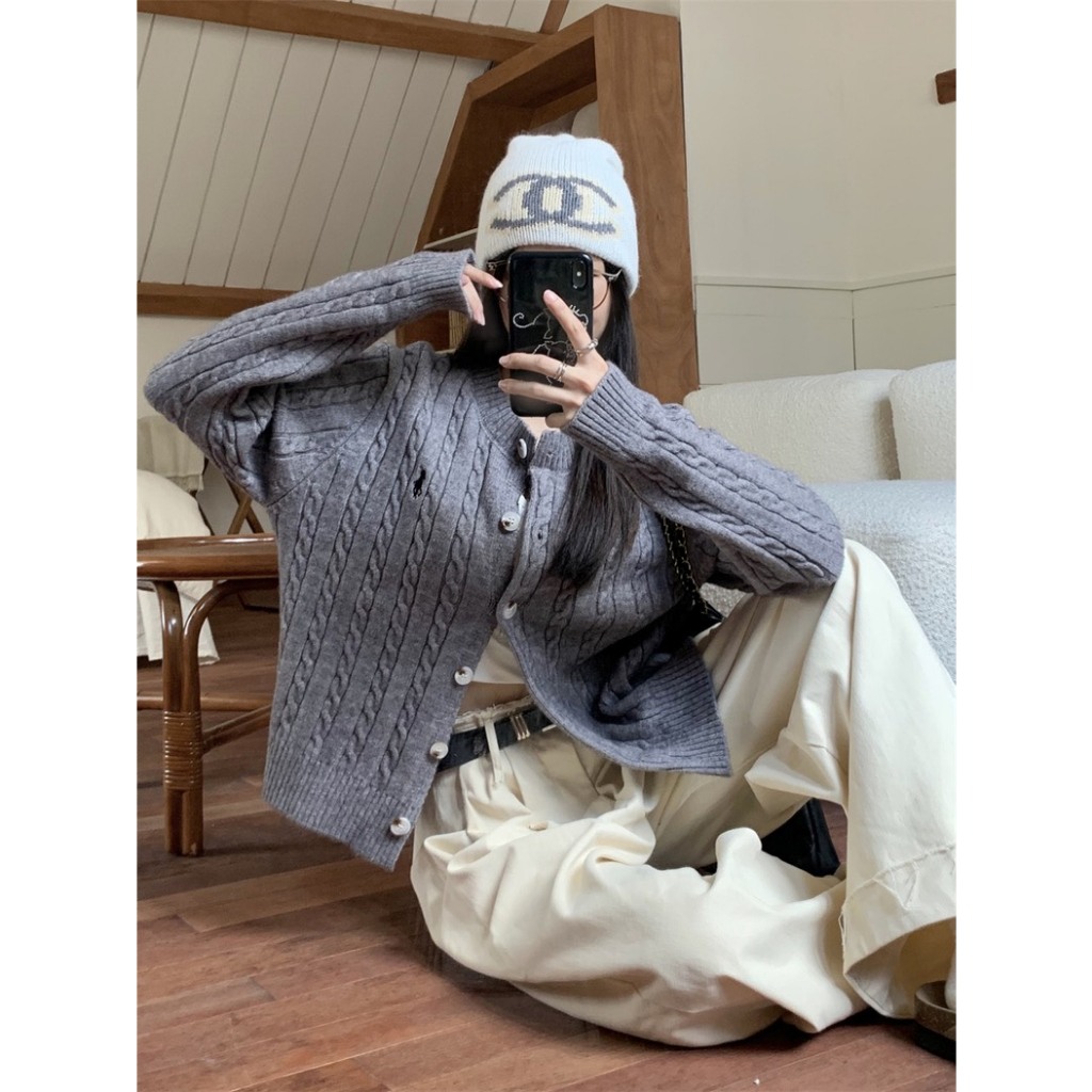 Áo cardigan len thừng dầy dặn thêu ngựa freesize hàng QC loại 1, Áo khoác len thừng dài tay cổ tròn có cúc Shine.Clothes