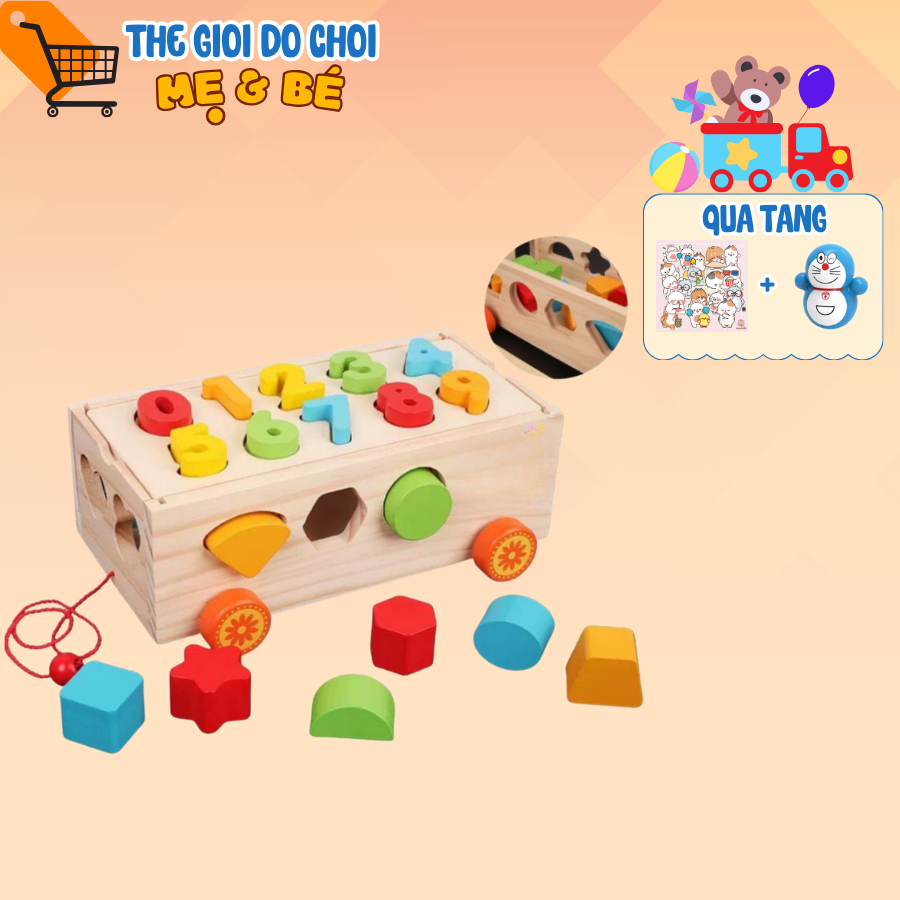 Bộ đồ chơi xe cũi thả hình khối và ghép số bằng gỗ cho bé - đồ chơi gỗ phát triển trí tuệ