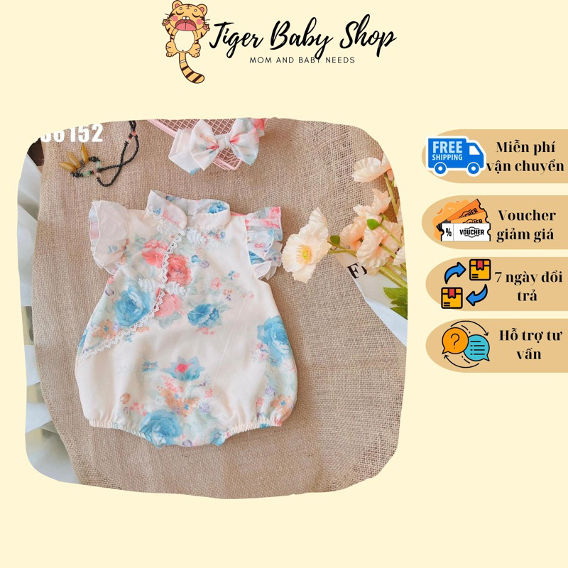 Bodysuit Cho Bé Gái Sơ Sinh Body Chip Sườn Xám Họa Tiết Hoa Kèm Băng Đô Cho Bé Gái Sơ Sinh Đến 2 Tuổi
