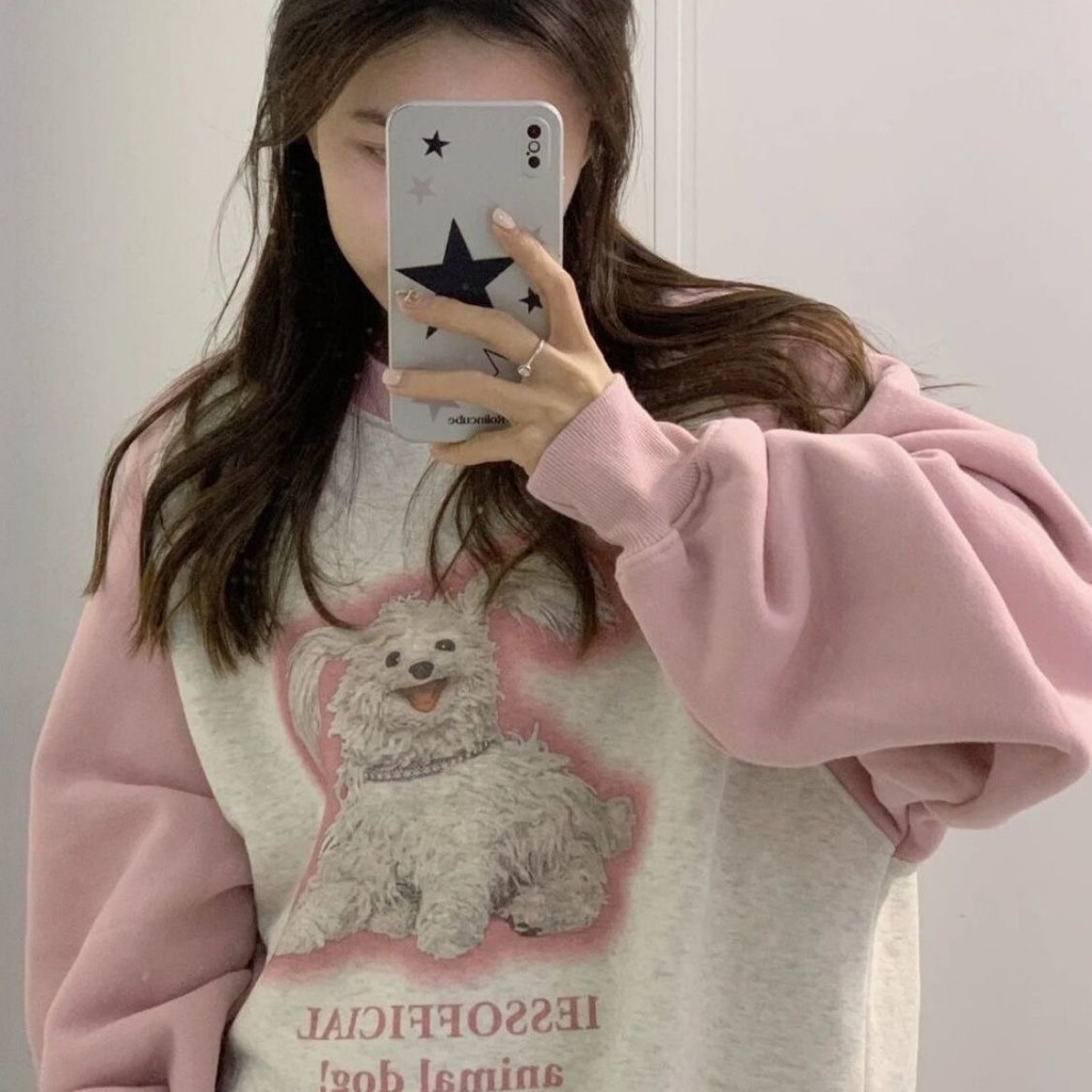 Áo Nỉ Nữ, Áo Sweater Nỉ Sticker Dog Phối Tay Hồng Phong cách Hàn Quốc