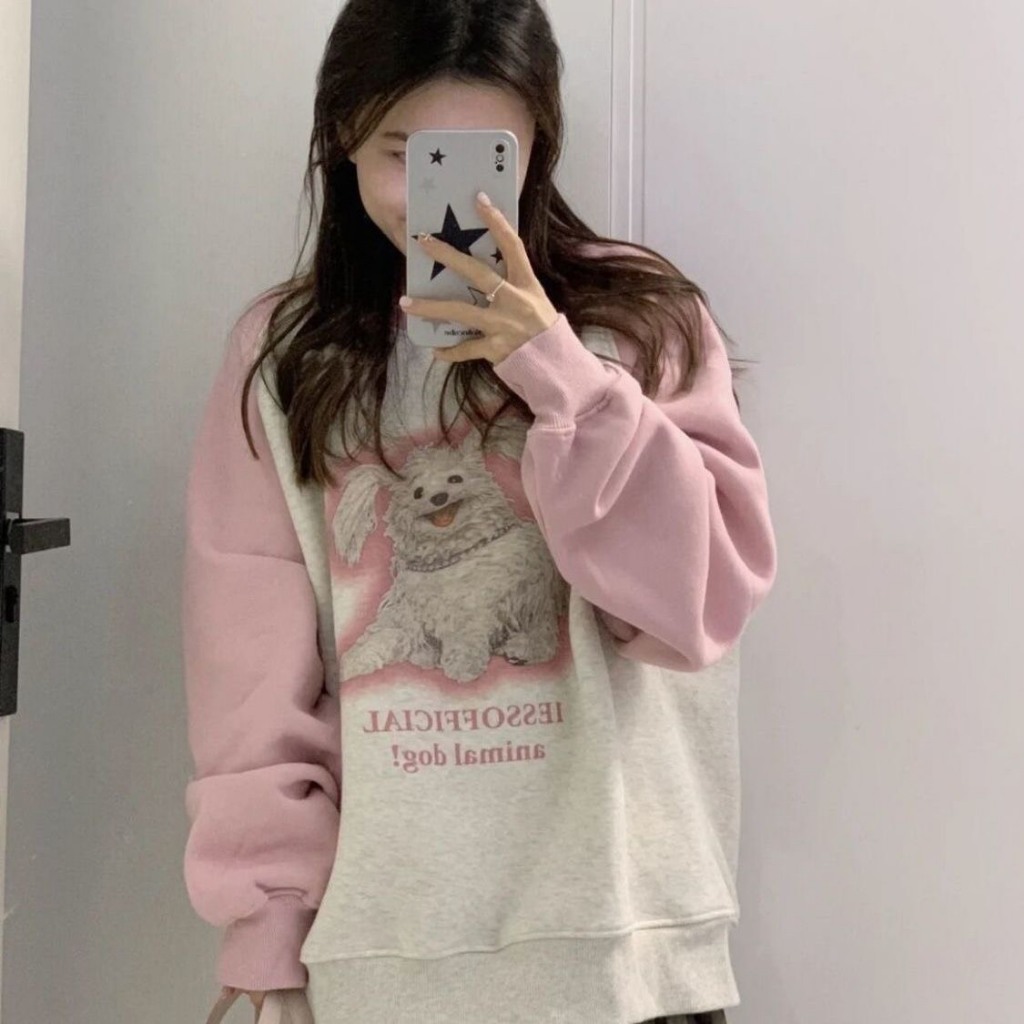 Áo Nỉ Nữ, Áo Sweater Nỉ Sticker Dog Phối Tay Hồng Phong cách Hàn Quốc