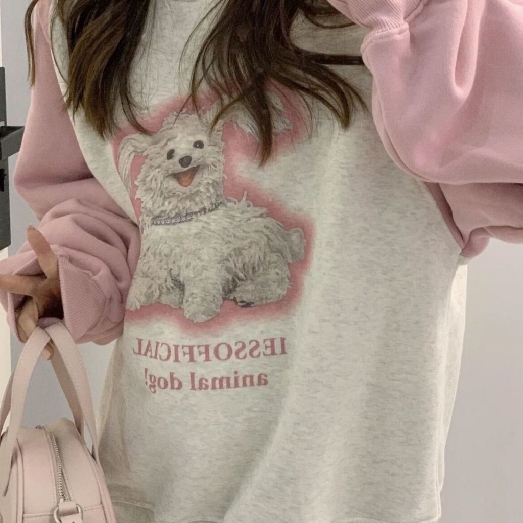 Áo Nỉ Nữ, Áo Sweater Nỉ Sticker Dog Phối Tay Hồng Phong cách Hàn Quốc