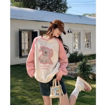 Áo Nỉ Nữ, Áo Sweater Nỉ Sticker Dog Phối Tay Hồng Phong cách Hàn Quốc