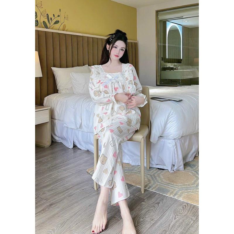 Bộ bầu- sau sinh-ĐŨI GÂN DÀI HÌNH CỔ VUÔNG REN KỀM NƠ- 5 MÀU