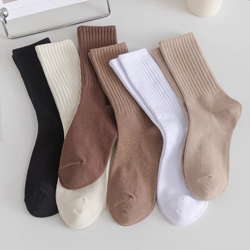 Set 5 Đôi Tất Cao Cổ Kẻ Gân Tone Nâu Phong Cách Hàn Quốc GAN1