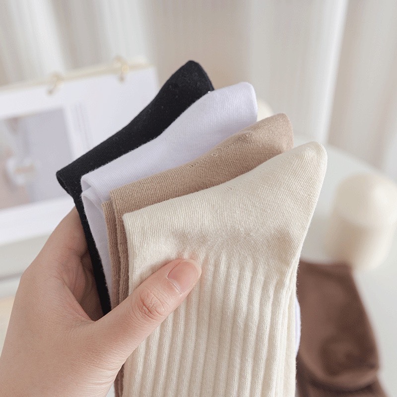 Set 5 Đôi Tất Cao Cổ Kẻ Gân Tone Nâu Phong Cách Hàn Quốc GAN1