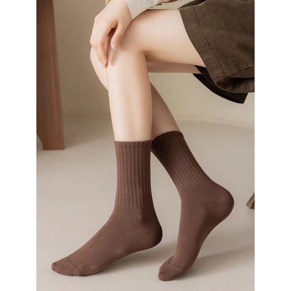 Set 5 Đôi Tất Cao Cổ Kẻ Gân Tone Nâu Phong Cách Hàn Quốc GAN1