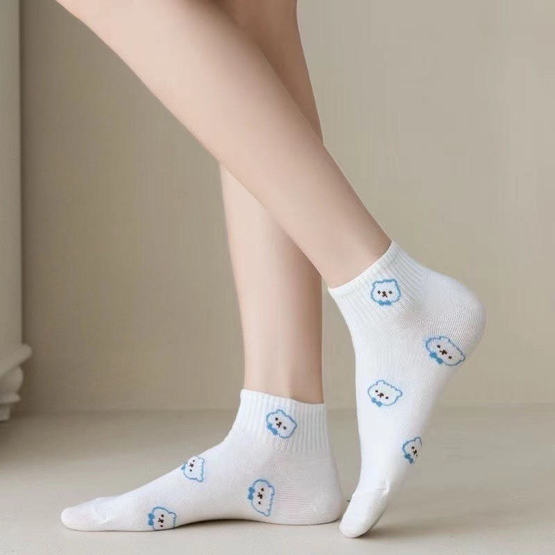 Set 5 Đôi Tất Tông Xanh Hình Gấu Siêu Hot Phong Cách Hàn TH11