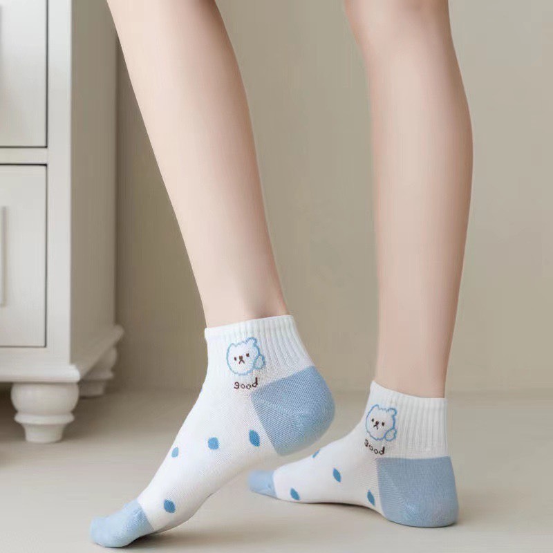 Set 5 Đôi Tất Tông Xanh Họa Tiết Gấu Siêu Hot Phong Cách Hàn TH11