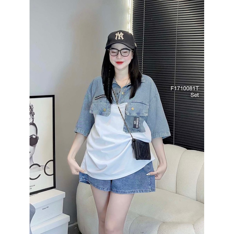 Set bộ áo sơ mi jean phối thun tin chữ kèm quần short cá tính VIENS STORE