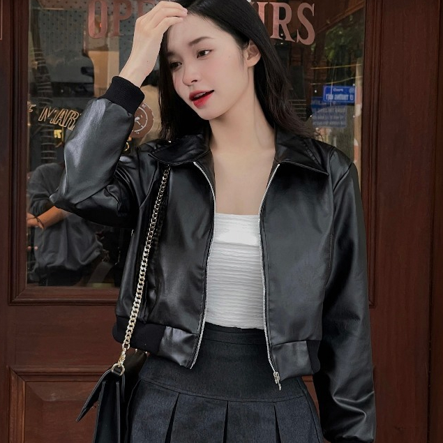 Áo khoác da croptop 2 lớp,Áo bò bo tay maylala.store