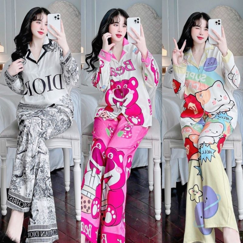Bộ ngủ nữ Pijama lụa xước cao cấp tay dài quần dài vải lụa xước mềm mịn mát hottrend