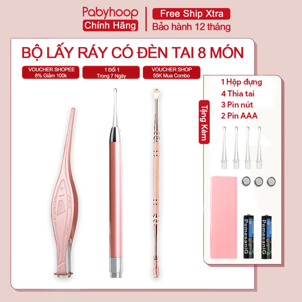 Lấy ráy tai, ngoáy tai có đèn cho bé Bộ dụng cụ lấy ráy tai cao cấp - Pabyhoop