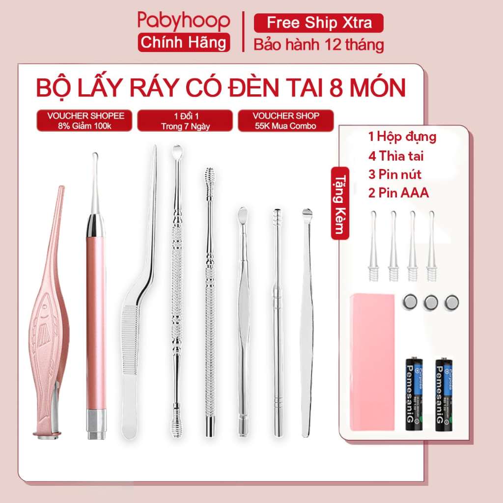 lấy ráy tai, ngoáy tai có đèn cho bé Bộ dụng cụ lấy ráy tai cao cấp - Pabyhoop