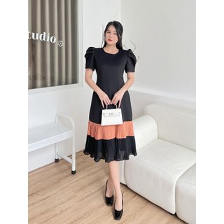 Đầm thiết kế tay phồng dáng dài phối màu cực xịn