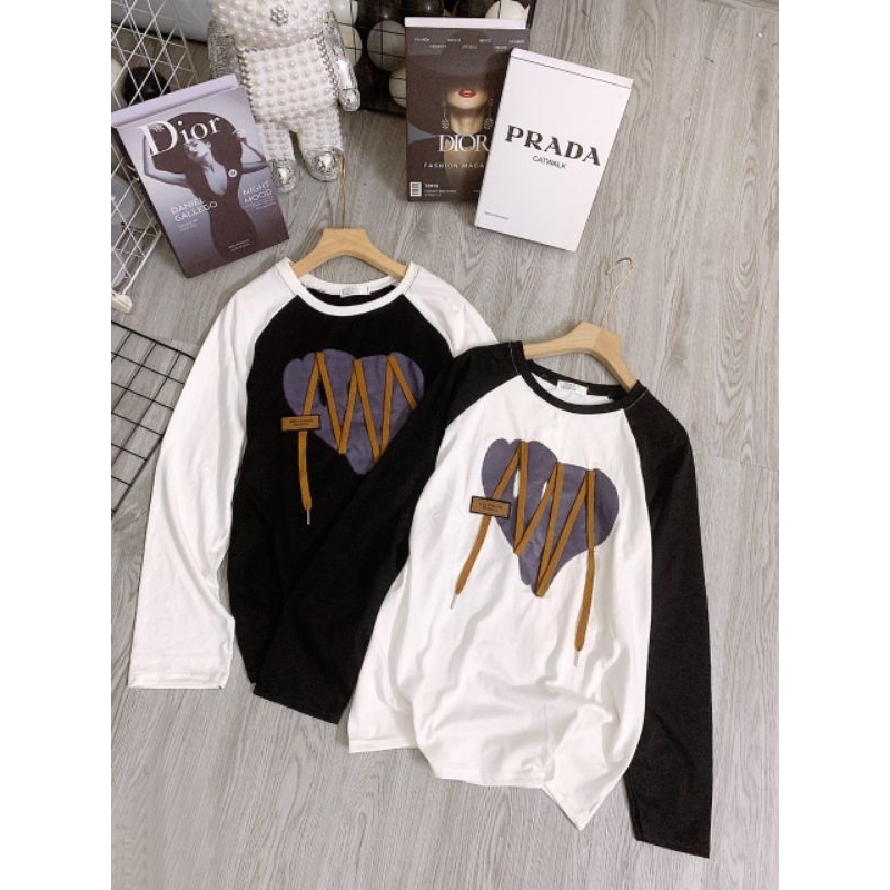 Áo Phông Nữ Dây Nổi In Tim Form Over Size - Halinh Shop - Áo Phông Cotton Nữ Phối Tay Ranglang Dáng Rộng Giấu Quần