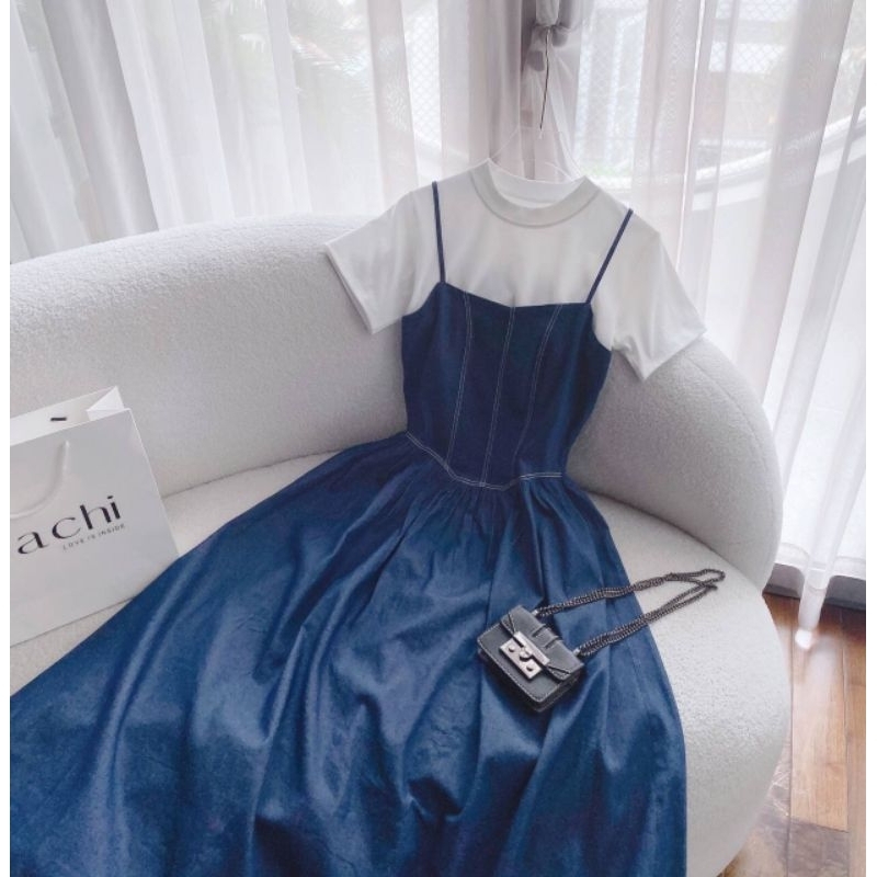 Sét Váy Bò Nữ 2 Dây Chỉ Nổi Kèm Áo Thun Trắng- Halinh Shop-Váy Yếm Denim Dáng Dài Chun Lưng Size S M Mix Áo Thun Cộc Tay