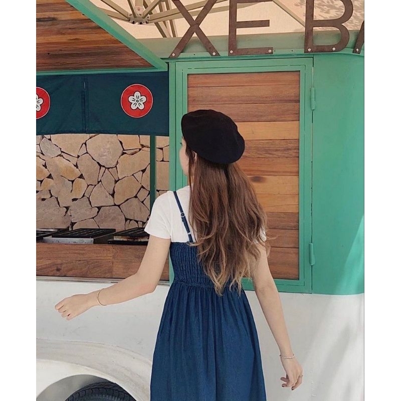 Sét Váy Bò Nữ 2 Dây Chỉ Nổi Kèm Áo Thun Trắng- Halinh Shop-Váy Yếm Denim Dáng Dài Chun Lưng Size S M Mix Áo Thun Cộc Tay