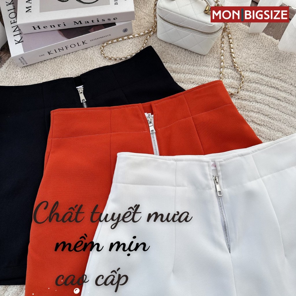 Quần đùi bigsize nữ kiểu short đi chơi sang chảnh kiểu cạp cao dây kéo MON big size 50 - 90kg