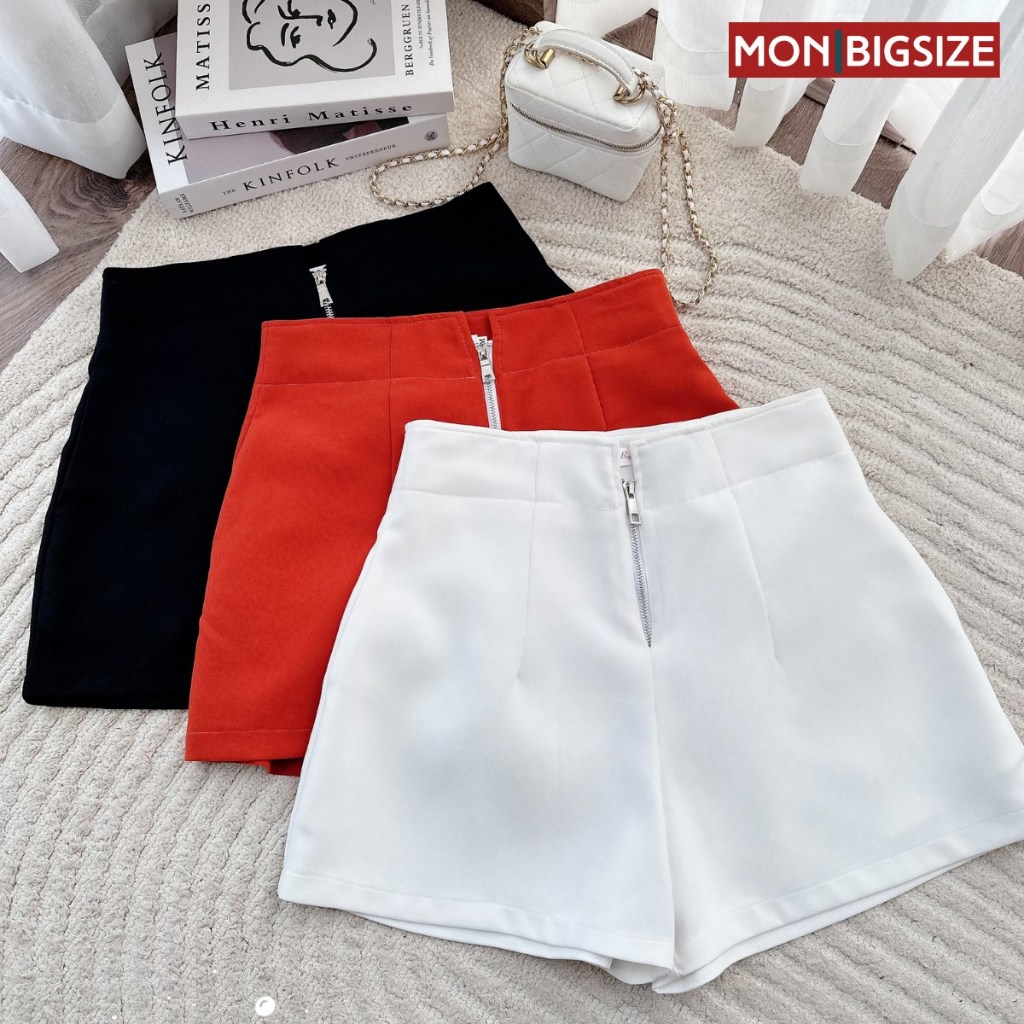 Quần đùi bigsize nữ kiểu short đi chơi sang chảnh kiểu cạp cao dây kéo MON big size 50 - 90kg